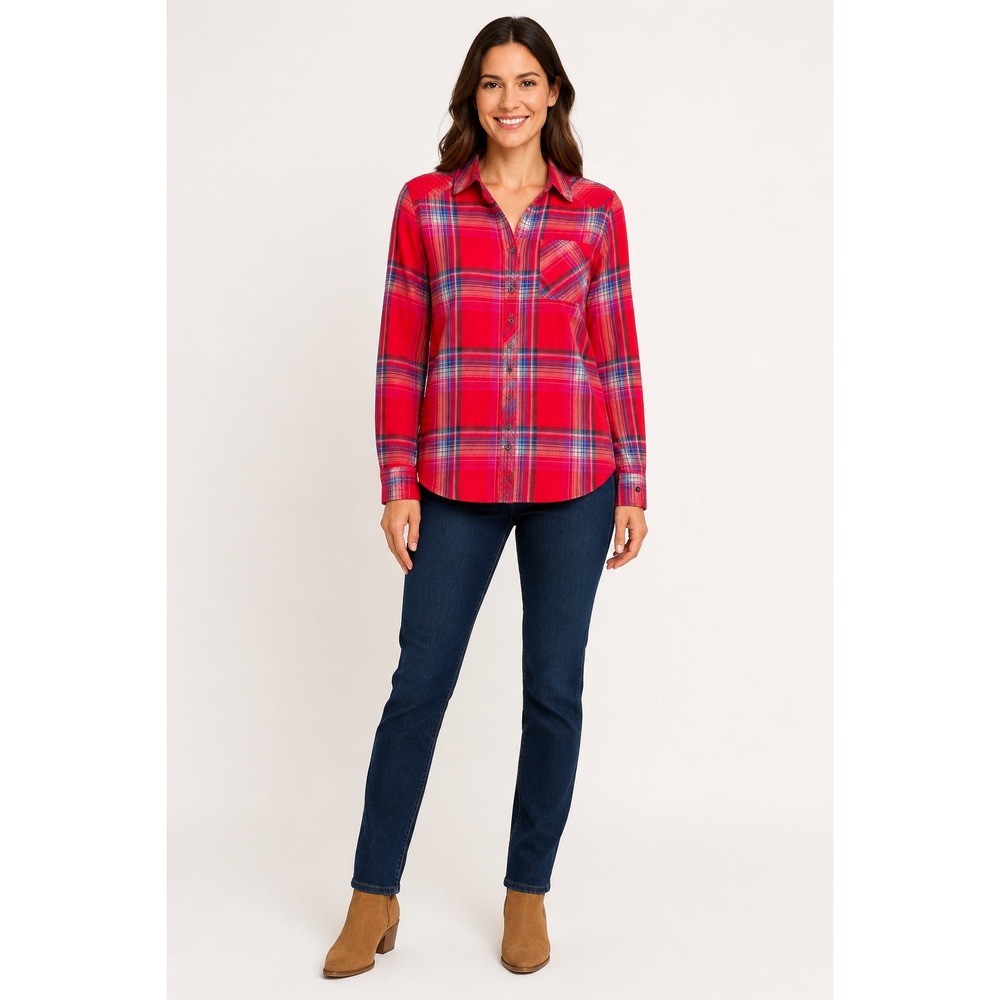 Orvis Women Red Plaid Flannel Shirt Long Sleeve Button Up Stretch Size L NWT